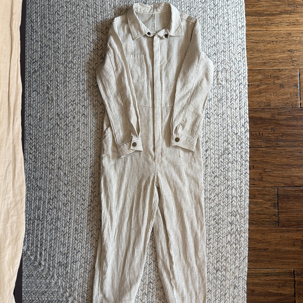Rylee + Cru Long Sleeve Coverall Jumpsuit - Brass Pinstripe